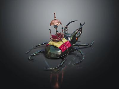 Ornate Flying Beetle With Red And Yellow Decorative Seat And Large Horns 3d model