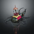 Ornate Flying Beetle With Red And Yellow Decorative Seat And Large Horns