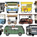 Colorful Various Designed Mobile Food And Drink Carts With Canopies Wheels And Display Shelves