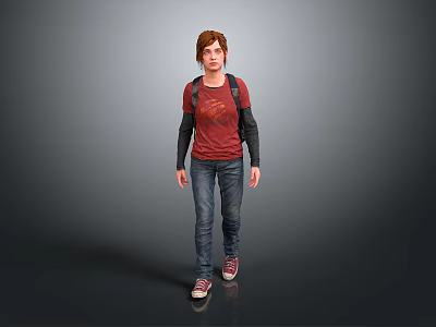 Woman Wearing Red Shirt And Blue Jeans With Backpack Walking On Gray Background 3d model