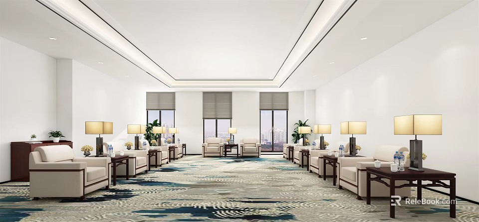 Hotel Public Lounge Interior With Comfortable Sofas Coffee Tables And Decorative Carpets 3d model