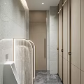 Modern Elegant Public Toilet With Marble Tiled Walls Illuminated Glass Partitions And Exquisite Wall Painting