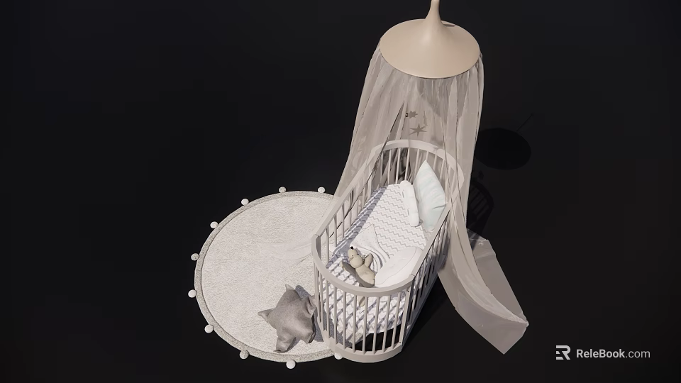 Cozy White Baby Crib With Canopy On Round Rug And Plush Cat Toy 3d model 