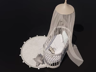 Cozy White Baby Crib With Canopy On Round Rug And Plush Cat Toy 3d model