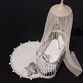 Cozy White Baby Crib With Canopy On Round Rug And Plush Cat Toy