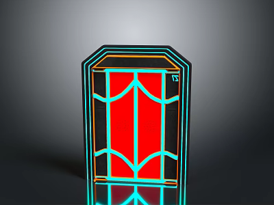 Neon Lighted Octagonal Door With Red Main Body Blue Orange Neon Lines And Bottom Reflection 3d model