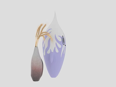 Elegant Purple White Decorative Vase and Gray Vase with Wheat Stems 3d model