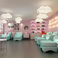Modern Beauty Hair Salon Interior With Cloud Shaped Lights Comfortable Chairs And Product Displays