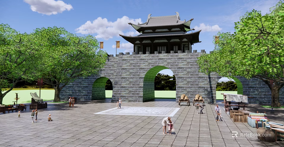 Ancient Chinese Architecture City Gate Tower Featuring Stone Walls Curved Eaves Plaza And Trees 3d model 