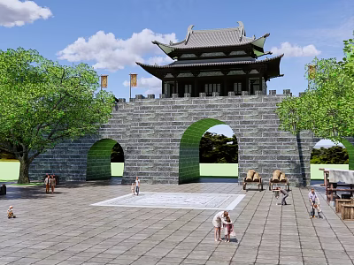 Ancient Chinese Architecture City Gate Tower Featuring Stone Walls Curved Eaves Plaza And Trees 3d model