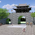 Ancient Chinese Architecture City Gate Tower Featuring Stone Walls Curved Eaves Plaza And Trees