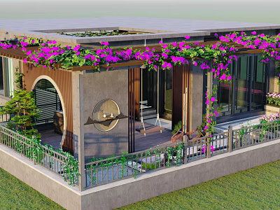 Beautiful Garden Landscape Design With Purple Climbing Flowers Terrace Railing And Green Lawn 3d model