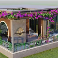Beautiful Garden Landscape Design With Purple Climbing Flowers Terrace Railing And Green Lawn