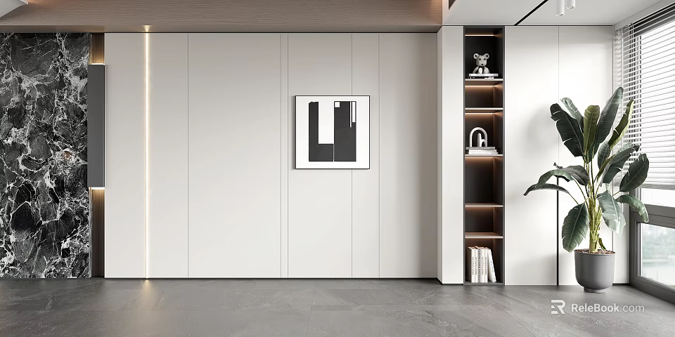 Modern Minimalist Sofa Background Wall With Lighting Artwork And Shelves 3d model