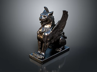 Shiny Metal Winged Lion Statue In Sitting Pose With Decorative Base 3d model