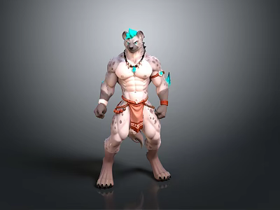 3D Mythical Creature Character With White Spotted Fur Blue Accents And Orange Loincloth 3d model