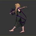 Woman With Blonde Hair In Dark Jumpsuit Tattoos Pink Lines Patterns Outstretched Arms Barefoot Standing