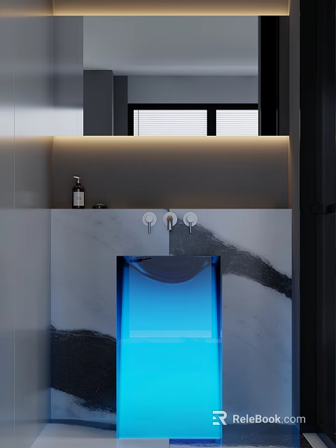Modern Sleek Washbasin on Marble Countertop with Double Faucet Handles Toiletries and Window Blinds 3d model 