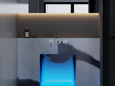 Modern Sleek Washbasin on Marble Countertop with Double Faucet Handles Toiletries and Window Blinds 3d model