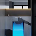 Modern Sleek Washbasin on Marble Countertop with Double Faucet Handles Toiletries and Window Blinds