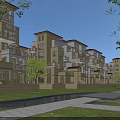 Modern Townhouse Exterior With Balconies Green Lawn Trees And Pathway