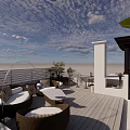 Rooftop Garden Space With Large Green Plants Outdoor Seating White Flooring And Cloudy Blue Sky