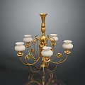 Ornate Golden Chandelier With White Glass Shades And Decorative Curved Arms For Home Decor