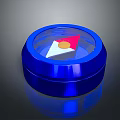 Blue Circular Container With Transparent Lid And Red White Yellow Logo On Metallic Base