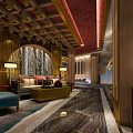 Luxurious Hotel Corridor Interior With Polished Marble Floors Red Ceiling And Pendant Lights