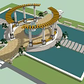Garden Landscape Design With Circular Pergola White Columns Water Pool Green Trees And Stone Benches