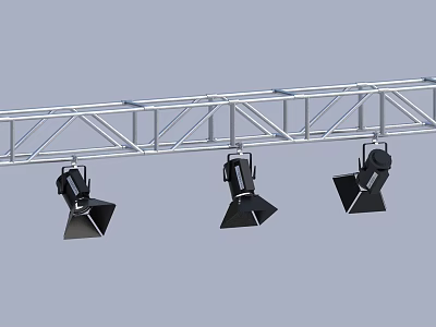 Three Black LED Spotlights Hanging On Silver Metal Truss For Event Lighting Setup 3d model