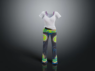 White Short Sleeved T shirt with Purple Straps and Colorful Patterned Pants with Decorative Details 3d model