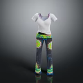 White Short Sleeved T shirt with Purple Straps and Colorful Patterned Pants with Decorative Details