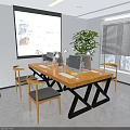 Public Office Space Interior Design with Long Wooden Table Yellow Chairs Bookshelves and Green Plants
