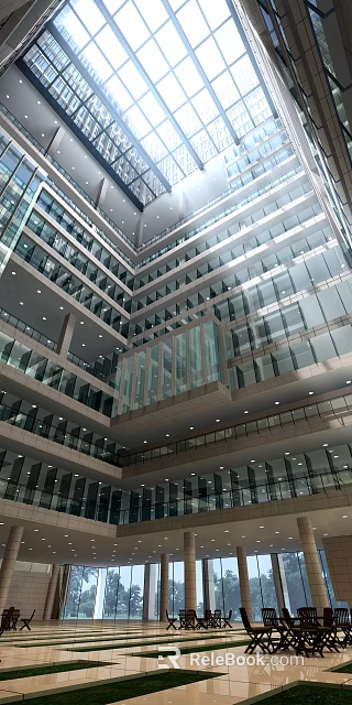 Bright Modern Mall Lobby With Glass Curtain Walls Multi Level Design And Glass Elevator 3d model 