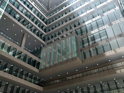 Bright Modern Mall Lobby With Glass Curtain Walls Multi Level Design And Glass Elevator 3d model