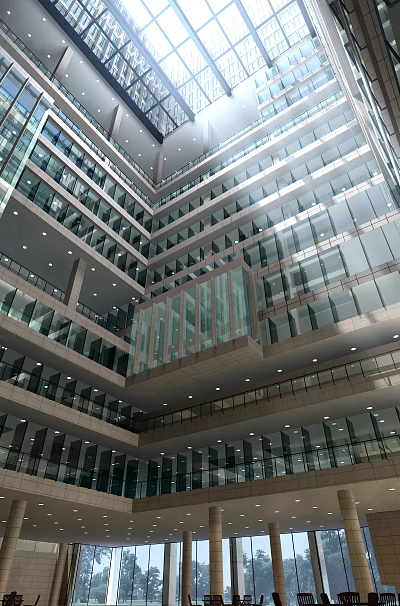 Bright Modern Mall Lobby With Glass Curtain Walls Multi Level Design And Glass Elevator 3d model