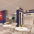 Modern Reception Desk Interior With Red Wall Company Logo White Blue Design And Green Plant