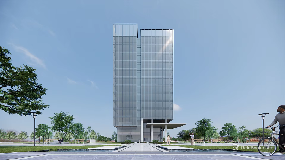 Modern High Rise Office Building With Glass Curtain Wall Surrounded By Plaza And Trees 3d model 