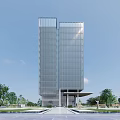 Modern High Rise Office Building With Glass Curtain Wall Surrounded By Plaza And Trees