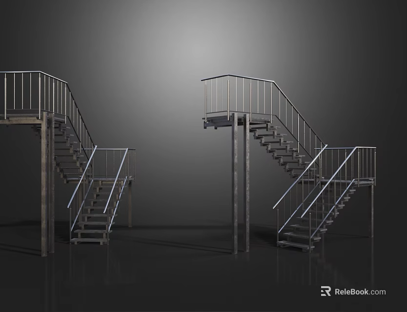 Modern Metal Staircase Design With Railings And Multi Level Platform Structure 3d model