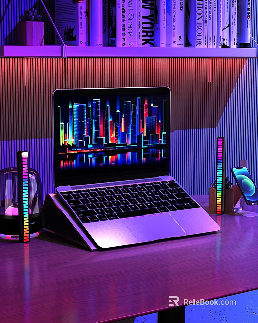 Modern Laptop Featuring Vibrant City Skyline Display With RGB Lighting Desk Setup And Tech Accessories 3d model 