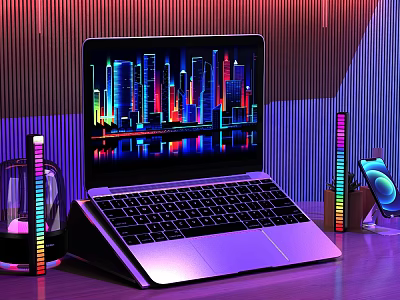 Modern Laptop Featuring Vibrant City Skyline Display With RGB Lighting Desk Setup And Tech Accessories 3d model