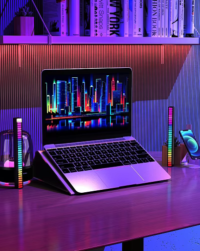 Modern Laptop Featuring Vibrant City Skyline Display With RGB Lighting Desk Setup And Tech Accessories 3d model