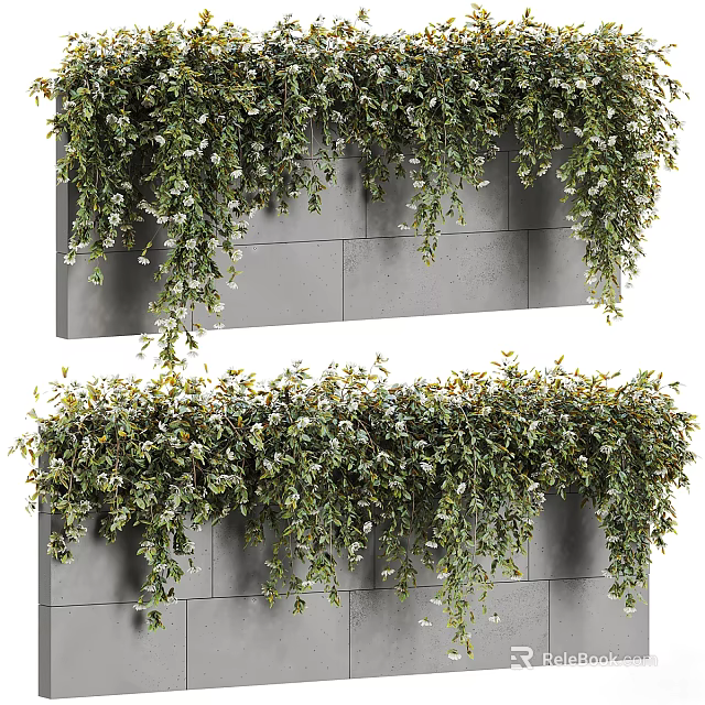 Living Green Plant Wall with Hanging Foliage and White Flowers on Gray Wall 3d model 