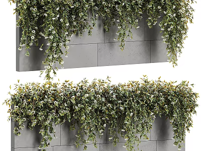 Living Green Plant Wall with Hanging Foliage and White Flowers on Gray Wall 3d model