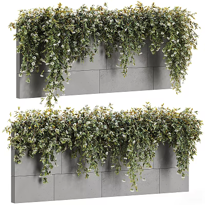 Living Green Plant Wall with Hanging Foliage and White Flowers on Gray Wall 3d model