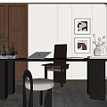 Modern Study Room Interior Design With Dark Wooden Desk Chair Laptop And Decorative Paintings