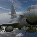 Two Military Fighter Jets Flying In Blue Sky With White Clouds Over Land And Ocean