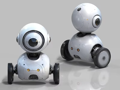 Smart White Robots With Round Cameras Wheels And Yellow Indicator Lights 3d model